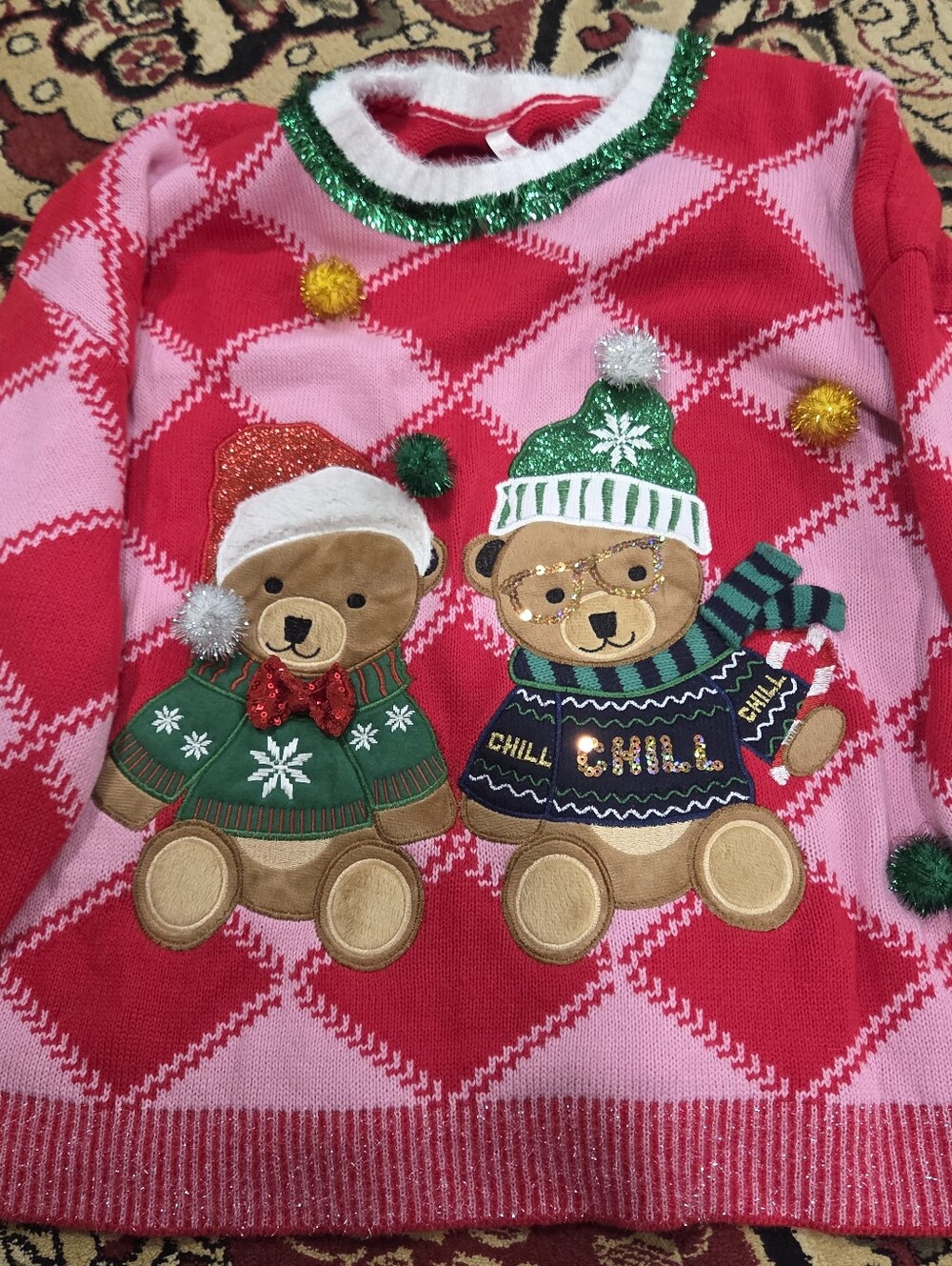 Holiday Time Pink and Red Argyle Teddy Bear Holiday Sweater